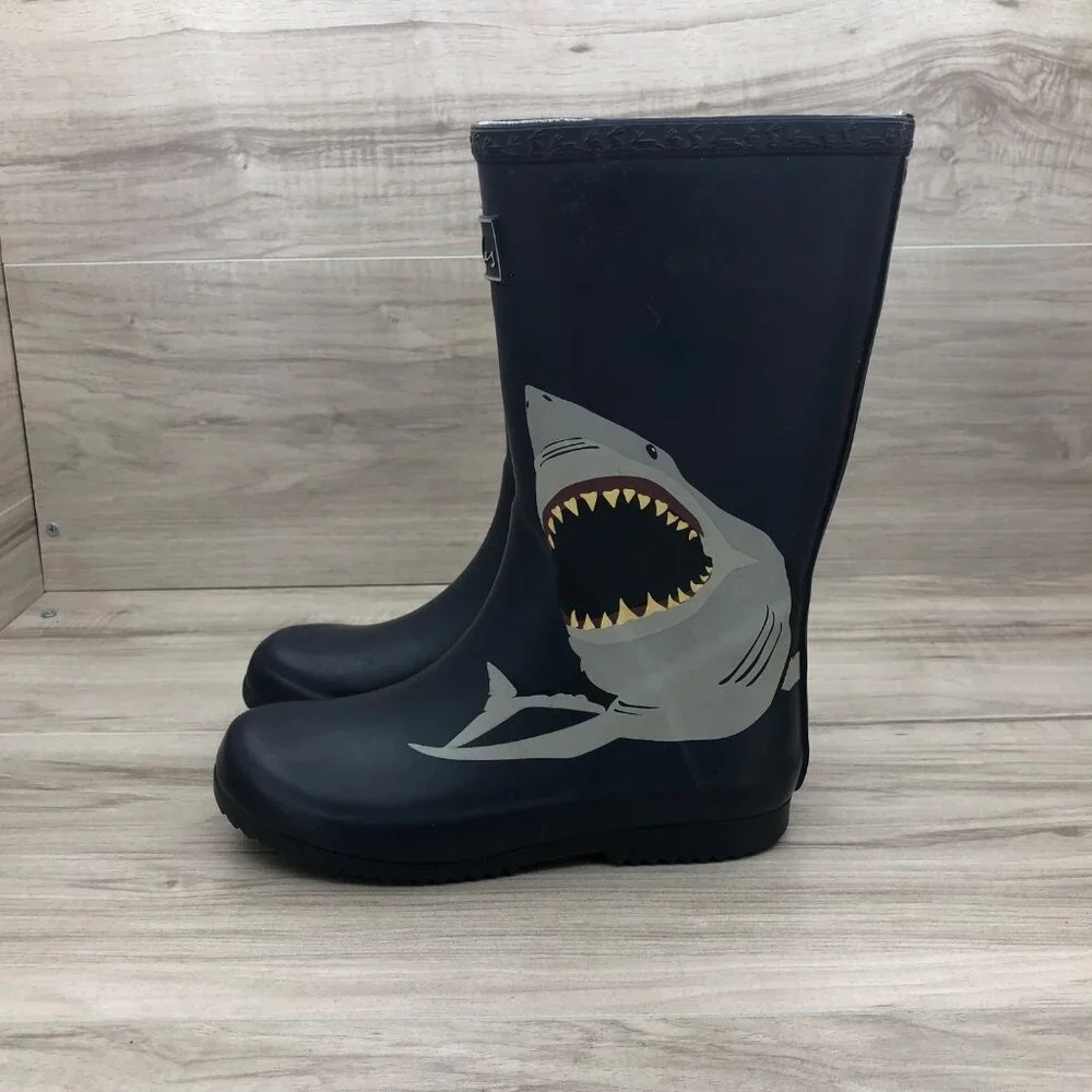 Joules Rain Boots Kids 2 Blue Rubber Slip On Shark Waterproof